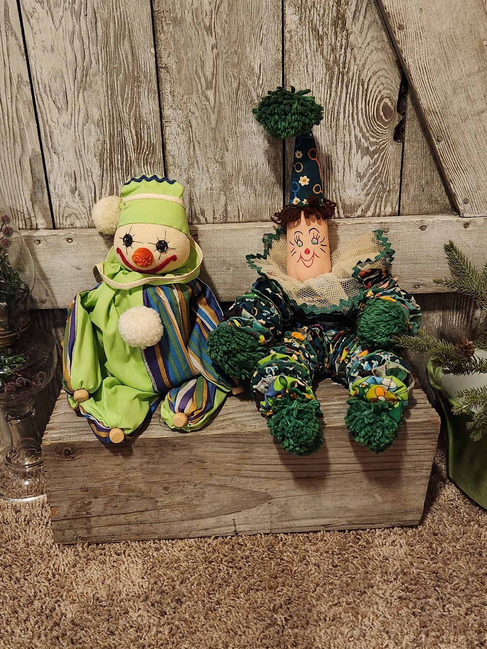Antique Green and Multicolor Fabric Clown Pair - Decorative Home Accent